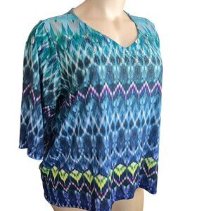Catherines Womans Plus Size Blue Green Top Rhinestones 3X 26/28W V-Neck JJ4037